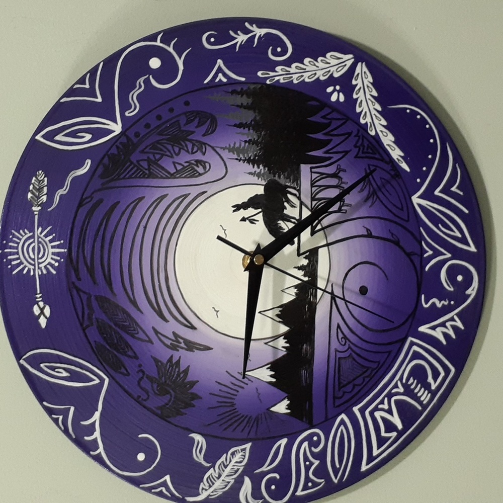 Hand Crafted Native American Clock Repurposed Vinyl Record Upscale Hand Painted